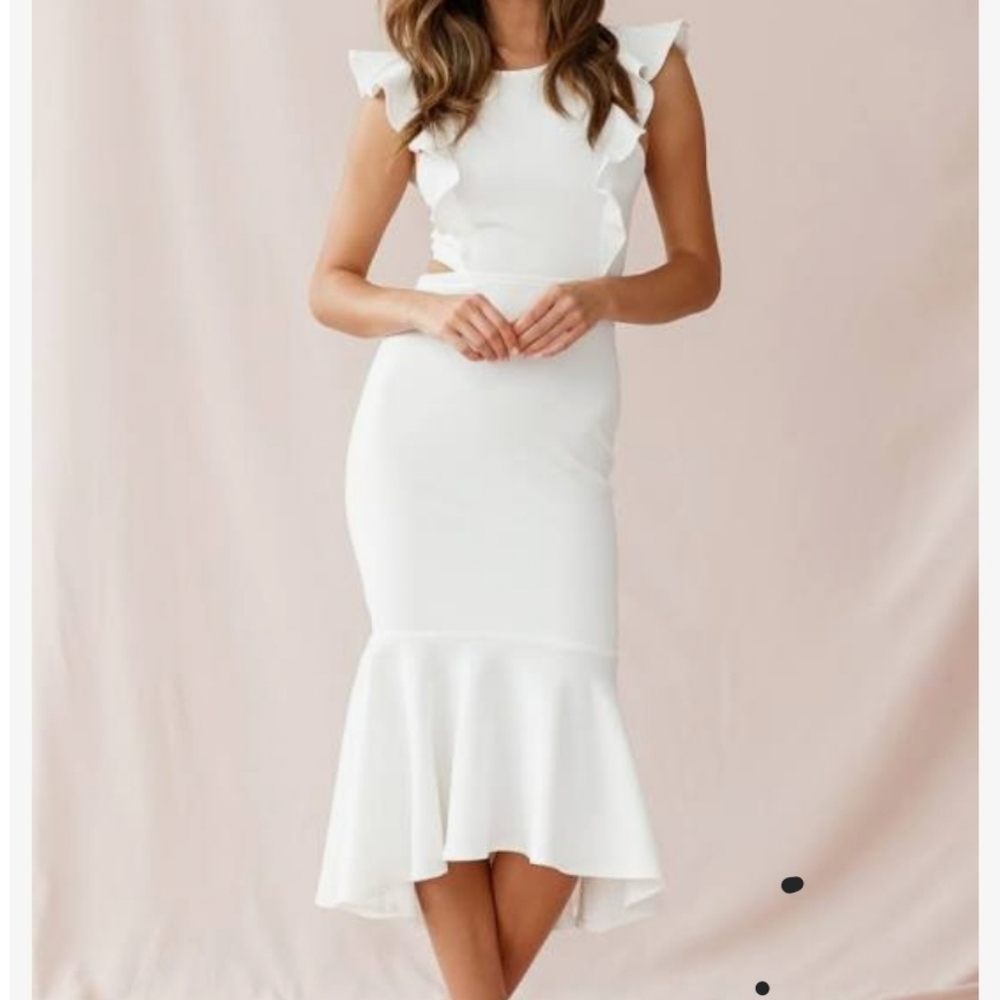 Jackie Wide Ruffle Hem Pinafore Midi Dress White S